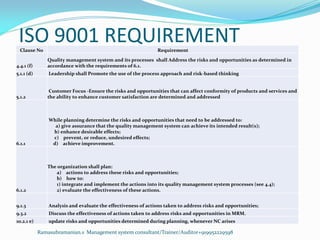 ISO 9001 REQUIREMENTClause No Requirement
4.4.1 (f)
Quality management system and its processes shall Address the risks and opportunities as determined in
accordance with the requirements of 6.1.
5.1.1 (d) Leadership shall Promote the use of the process approach and risk-based thinking
5.1.2
Customer Focus -Ensure the risks and opportunities that can affect conformity of products and services and
the ability to enhance customer satisfaction are determined and addressed
6.1.1
While planning determine the risks and opportunities that need to be addressed to:
a) give assurance that the quality management system can achieve its intended result(s);
b) enhance desirable effects;
c) prevent, or reduce, undesired effects;
d) achieve improvement.
6.1.2
The organization shall plan:
a) actions to address these risks and opportunities;
b) how to:
1) integrate and implement the actions into its quality management system processes (see 4.4);
2) evaluate the effectiveness of these actions.
9.1.3 Analysis and evaluate the effectiveness of actions taken to address risks and opportunities;
9.3.2 Discuss the effectiveness of actions taken to address risks and opportunities in MRM.
10.2.1 e) update risks and opportunities determined during planning, whenever NC arises
Ramasubramanian.s Management system consultant/Trainer/Auditor+919952229598
 
