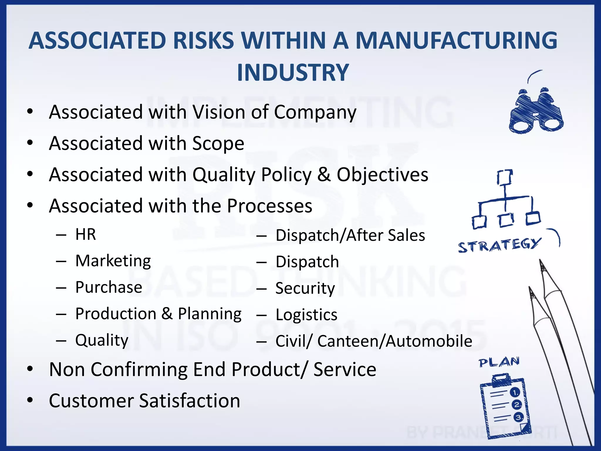 ASSOCIATED RISKS WITHIN A MANUFACTURING
INDUSTRY
• Associated with Vision of Company
• Associated with Scope
• Associated with Quality Policy & Objectives
• Associated with the Processes
– HR
– Marketing
– Purchase
– Production & Planning
– Quality
• Non Confirming End Product/ Service
• Customer Satisfaction
– Dispatch/After Sales
– Dispatch
– Security
– Logistics
– Civil/ Canteen/Automobile
 
