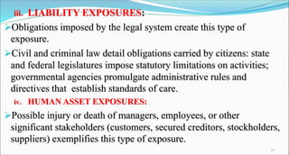 iii. LIABILITY EXPOSURES:
Obligations imposed by the legal system create this type of
exposure.
Civil and criminal law detail obligations carried by citizens: state
and federal legislatures impose statutory limitations on activities;
governmental agencies promulgate administrative rules and
directives that establish standards of care.
iv. HUMAN ASSET EXPOSURES:
Possible injury or death of managers, employees, or other
significant stakeholders (customers, secured creditors, stockholders,
suppliers) exemplifies this type of exposure.
17
 