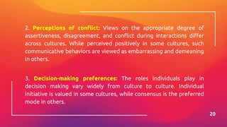 2. Perceptions of conflict: Views on the appropriate degree of
assertiveness, disagreement, and conflict during interactions differ
across cultures. While perceived positively in some cultures, such
communicative behaviors are viewed as embarrassing and demeaning
in others.
3. Decision-making preferences: The roles individuals play in
decision making vary widely from culture to culture. Individual
initiative is valued in some cultures, while consensus is the preferred
mode in others.
20
 