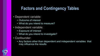 Factors and Contingency Tables
• Dependent variable:
• Outcome of interest
• What do you intend to measure?
• Independent ...