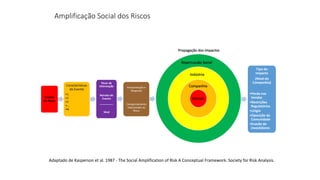 Amplificação Social dos Riscos
Evento
de Risco
Características
do Evento
•1
•2
•3
•...
•N
Interpretação e
Resposta
Comportamento
relacionado ao
Risco
Tipo do
Impacto
(Nível da
Companhia)
•Perda nas
Vendas
•Restrições
Regulatórias
•Litígio
•Oposição da
Comunidade
•Evasão de
Investidores
Vítimas
Companhia
Indústria
Repercussão Social
Adaptado de Kasperson et al. 1987 - The Social Amplification of Risk A Conceptual Framework. Society for Risk Analysis.
Fluxo de
Informação
Retrato do
Evento
_________
Sinal
Propagação dos Impactos
 