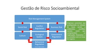 Gestão de Risco Socioambiental
Risk Management System
Social Risk
Culture
Conflict
Regulation
Ecological
System
Behavioral
Regulation
(Human Rights Ambit)
Business Risk
Government
Regulation
Empresas aumentam sua
predisposição na redução
de riscos sociais e
ambientais, (conflitos
sociais), assim que
compreendem as
implicações financeiras e
as conexões com os riscos
do negócio.
 