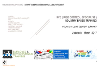 RCS ( RISK CONTROL SPECIALIST ) – INDUSTRY BASED TRAINING COURSE TITLE and DELIVERY SUMMARY
UPDATED : March 2017 @ COPYRIGHT RCS
1
RCS ( RISK CONTROL SPECIALIST )
INDUSTRY BASED TRAINING
COURSE TITLE and DELIVERY SUMMARY
Updated : March 2017
POLICING
OCCUPATIONAL HEALTH AND SAFETY
SHEQ
SECURITY
MARITIME SECURITY
SUPPLY CHAIN SECURITY
EMERGENCY RESPONSE
CRISIS MANAGEMENT
AUDIT COMPLIANCE
MANAGEMENT SYSTEMS
 