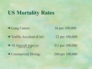 US Mortality Rates Lung Cancer    56 per 100,000 Traffic Accident (Car):    22 per 100,000 10 Aircraft trips/yr:     0.1 per 100,000 Commercial Diving:  200 per 100,000 (fatal and serious) 