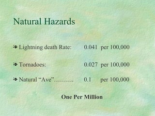 Natural Hazards Lightning death Rate:   0.041  per 100,000 Tornadoes:   0.027  per 100,000 Natural “Ave”……….  0.1  per 100,000 One Per Million 