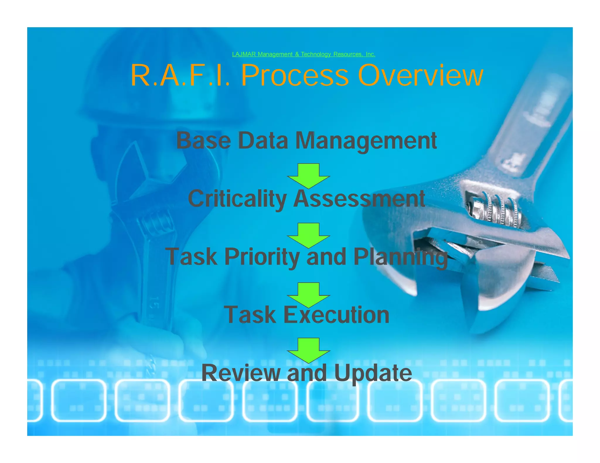 LAJMAR Management & Technology Resources, Inc.



R.A.F.I. Process Overview

   Base Data Management

    Criticality Assessment

  Task Priority and Planning

       Task Execution

     Review and Update
 