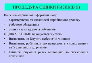 ПРОЦЕДУРА ОЦІНКИ РИЗИКІВ (I)
На основі отриманої інформації щодо
- характеристик та складності виробничого процесу
- робочого обладнання
- оцінки стану здоров’я робітників
ОЦІНКА РИЗИКІВ виконується з метою:
• Визначити, чи існують небезпечні чинники
• Визначити, робітників що працюють в умовах ризику
та їх схильність до ризиків
• Оцінити існуючий ризик відповідно до об’єктивних
показників
 