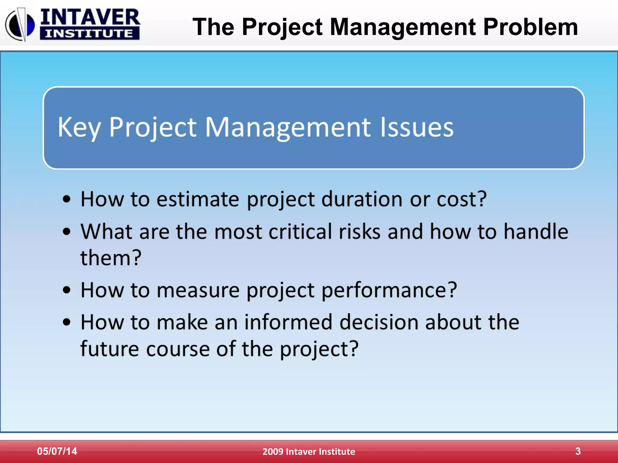 05/07/14 2009 Intaver Institute 3
The Project Management Problem
 