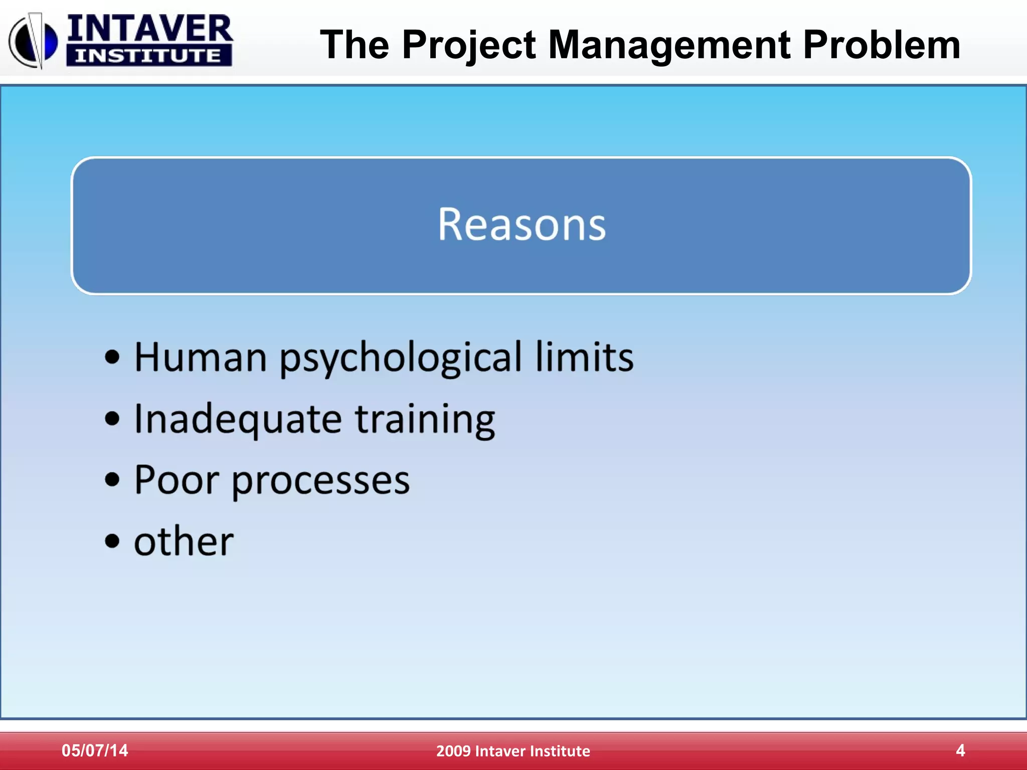 05/07/14 2009 Intaver Institute 4
The Project Management Problem
 