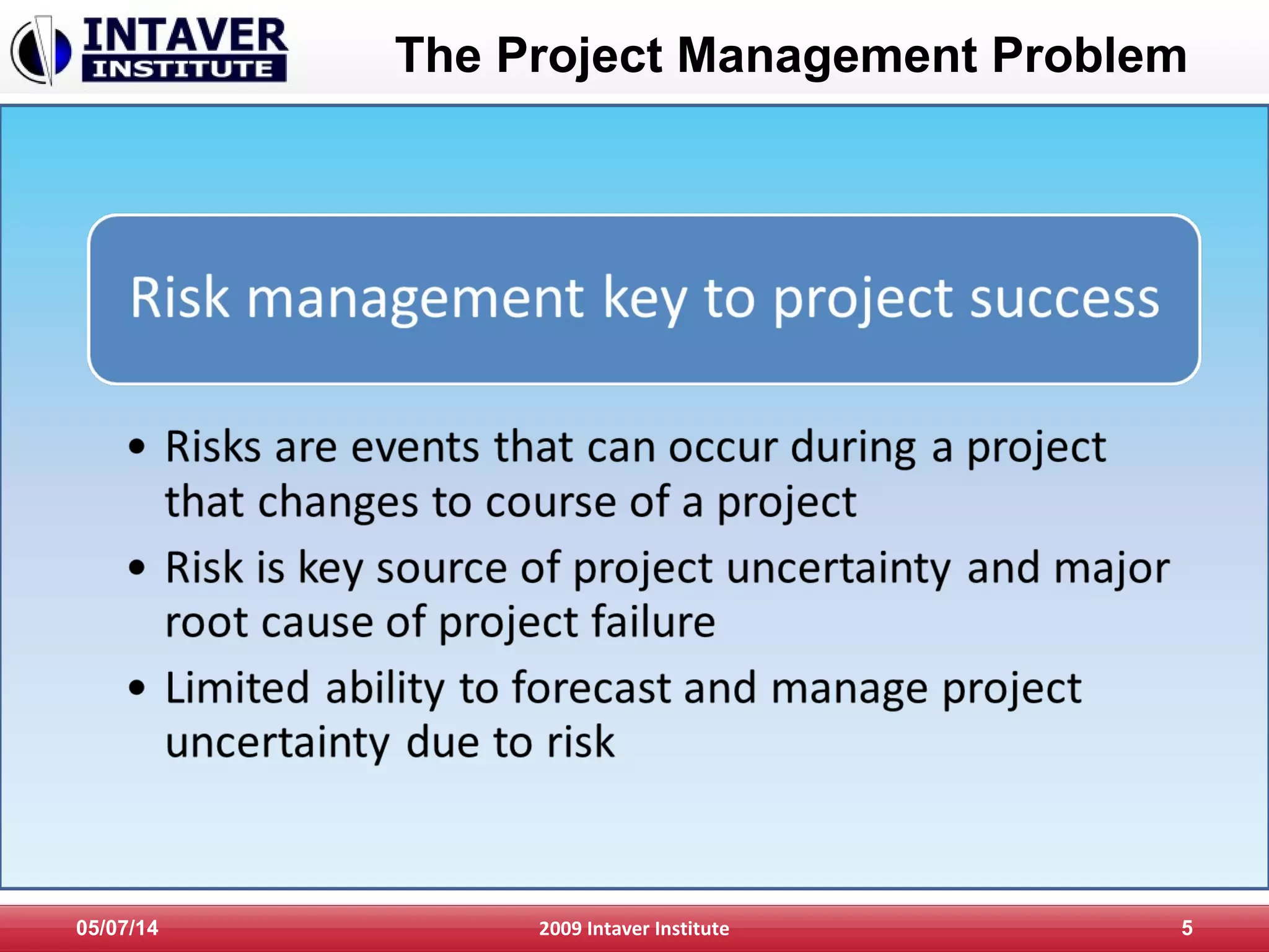 05/07/14 2009 Intaver Institute 5
The Project Management Problem
 