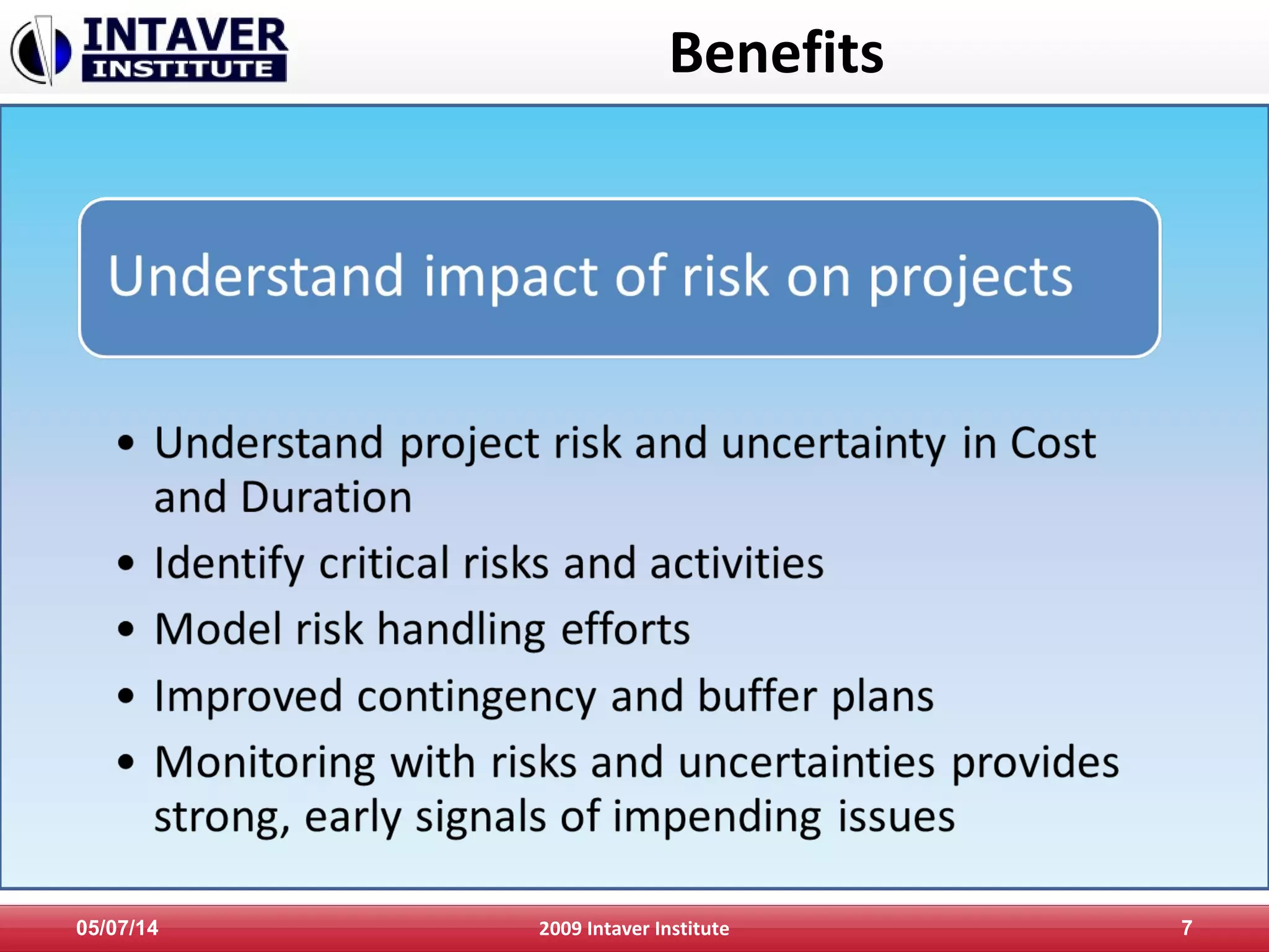 Benefits
05/07/14 2009 Intaver Institute 7
 