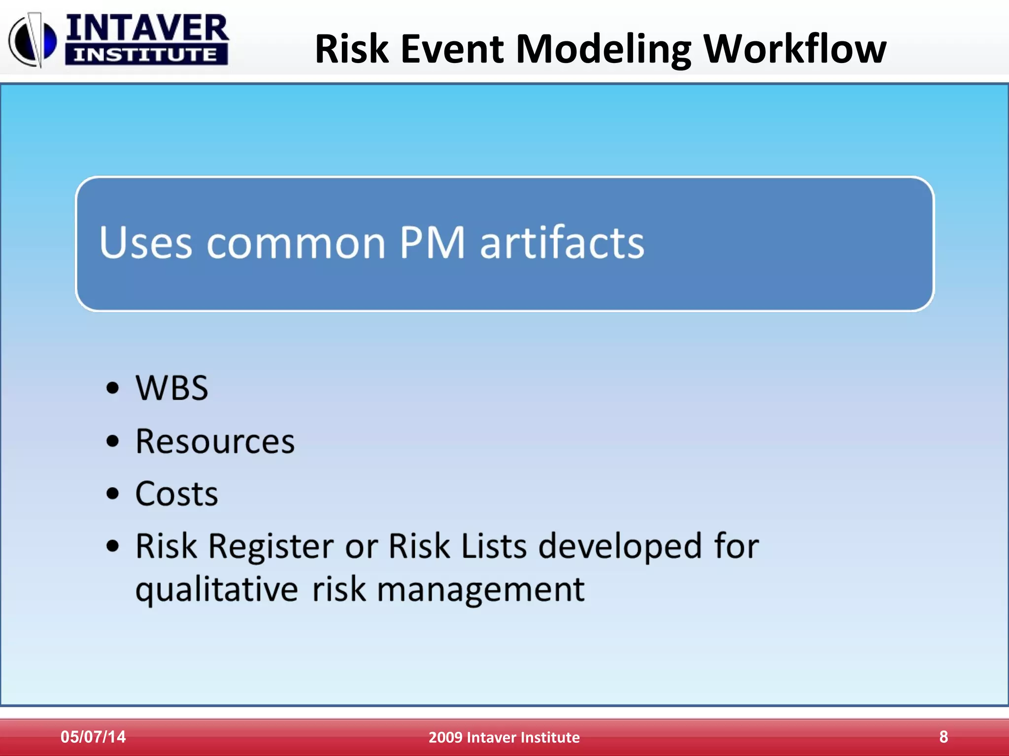 Risk Event Modeling Workflow
05/07/14 2009 Intaver Institute 8
 