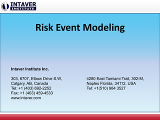 Risk Event Modeling
Intaver Institute Inc.
303, 6707, Elbow Drive S.W,
Calgary, AB, Canada
Tel: +1 (403) 692-2252
Fax: +1 (403) 459-4533
www.intaver.com
4280 East Tamiami Trail, 302-M,
Naples Florida, 34112, USA
Tel: +1(510) 984 3527
 