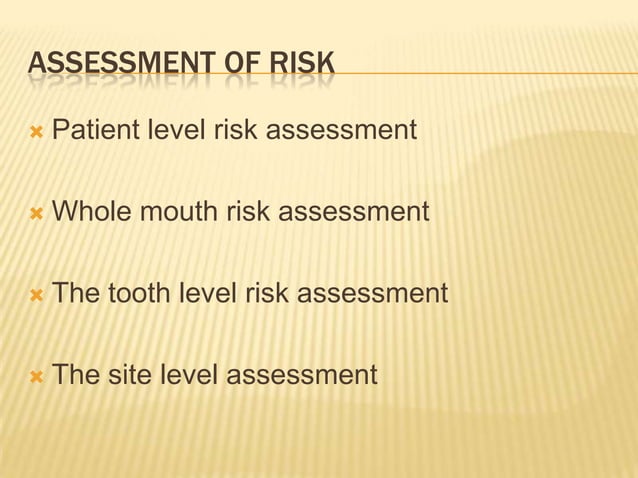 Risk factors and risk assessment of periodontal disease.