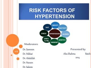 RISK FACTORS OF
HYPERTENSION
Moderators
Dr. Samreen
Dr. Nikhat
Dr. Abdullah
Dr. Naveen
Dr. Saleem
1/12
Presented by
AbuShahma Batch
2014
 