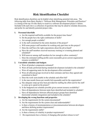 Risk Identification Checklist
Risk identification checklists can be helpful when identifying potential risk areas. The
following table from Barry Boehm’s “Software Risk Management: Principles and Practices”
is a listing of the top 10 risks likely to result in a software development project’s failure.
Included with each risk is a collection of questions that may be asked to simulate discussion,
and probe for and identify potential project risks.
1. Personnel shortfalls
a. Are the required staff/skills available for the project time frame?
b. Do the people have the right combination of skills?
c. Are enough people available?
d. Is the staff committed for the entire duration of the project?
e. Will some project staff members be working only part time on this project?
f. Does the staff have the right expectations about the job at hand?
g. Have the staff members received necessary training or is training planned and
scheduled?
h. Will turnover among staff members be low enough to allow continuity?
i. Does the estimated staffing profile seem reasonable given current organization
resource availability?
2. Unrealistic schedules and budgets
a. Were all product components estimated?
b. Were all tasks performed during standard development included in the schedule?
c. Were all supporting tasks for the development effort estimated?
d. Were all affected groups involved in their estimates and have they agreed and
committed to them?
e. Does the work seem doable in the schedule and effort bid?
f. Is the man month (hours per month) bid reasonable and for the organization?
g. Has adequate ramp up time been provided for staffing the effort and for the staff
to come up to speed on the project?
h. Is the budgeted cost schedule possible given current resource availability?
i. Have all dependencies between tasks been identified and included in schedule?
j. Have all dependencies between affected project groups been identified
(horizontal schedule integration) and included in the schedule?
3. Developing the wrong functions and properties
a. Are the requirements for the system documented?
b. Are the requirements for the system clear and understandable?
c. Is there a history of misinterpretation or miscommunication between developers
and those defining product requirements?
d. Are the requirements stable?
e. Is there a history of volatility in product requirements?
f. Do requirements have a history of changing after product release to test?
 