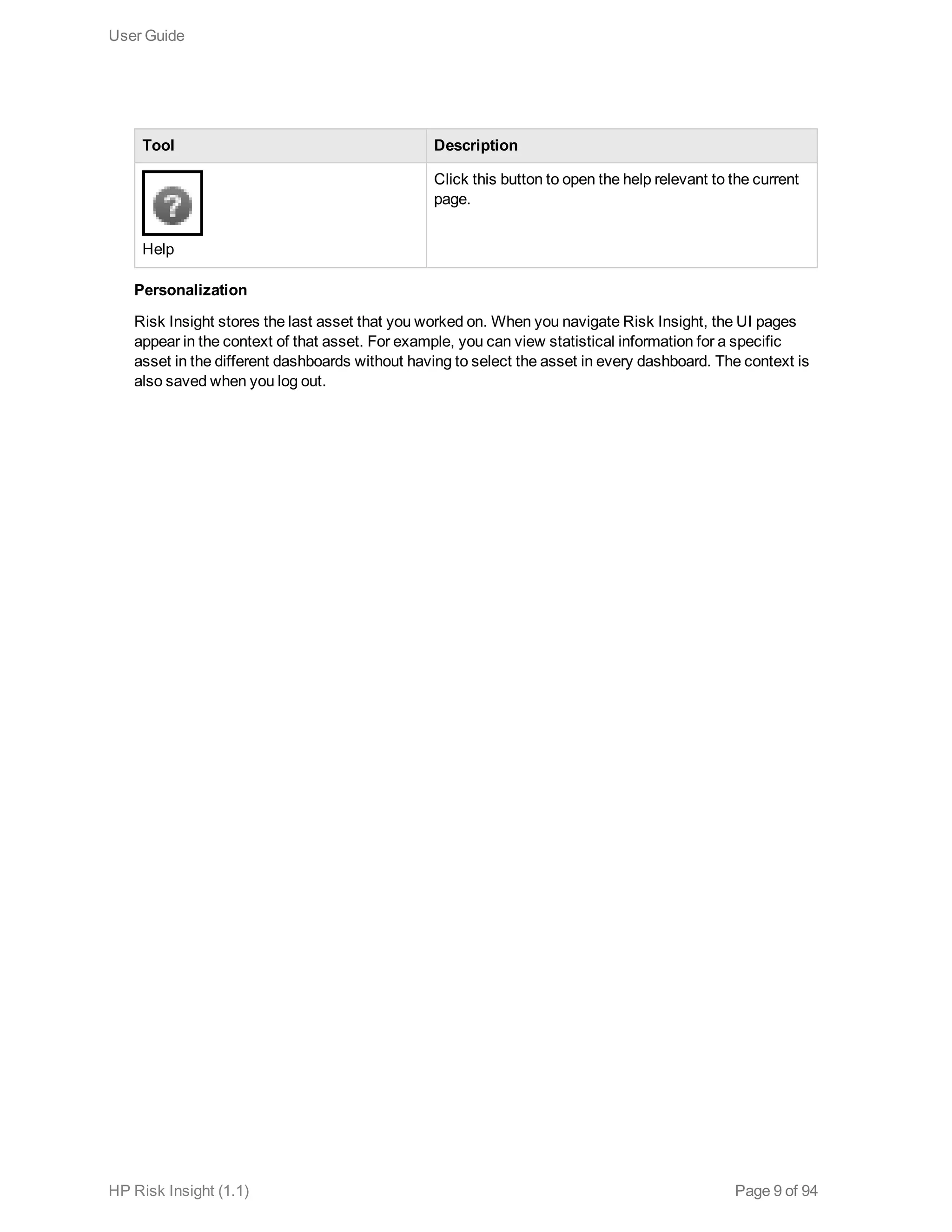 Tool Description
Help
Click this button to open the help relevant to the current
page.
Personalization
Risk Insight stores the last asset that you worked on. When you navigate Risk Insight, the UI pages
appear in the context of that asset. For example, you can view statistical information for a specific
asset in the different dashboards without having to select the asset in every dashboard. The context is
also saved when you log out.
User Guide
HP Risk Insight (1.1) Page 9 of 94
 