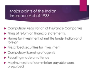 Major points of the Indian
Insurance Act of 1938


Compulsory Registration of Insurance Companies



Filing of return on financial statements.



Norms for investment of net life funds- Indian and
foreign



Prescribed securities for investment



Compulsory licensing of agents



Rebating made an offence



Maximum rate of commission payable were
prescribed

 