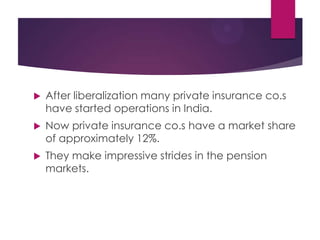 

After liberalization many private insurance co.s
have started operations in India.



Now private insurance co.s have a market share
of approximately 12%.



They make impressive strides in the pension
markets.

 