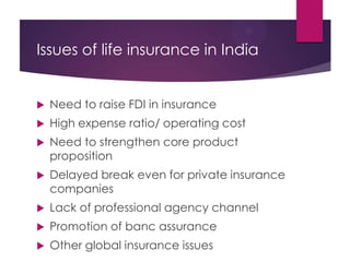 Issues of life insurance in India



Need to raise FDI in insurance



High expense ratio/ operating cost



Need to strengthen core product
proposition



Delayed break even for private insurance
companies



Lack of professional agency channel



Promotion of banc assurance



Other global insurance issues

 