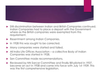 

Still discrimination between Indian and British Companies continued.
Indian Companies had to place a deposit with the Government
where as the British companies were exempted from this
requirement.



Resentment among Indian Companies.



In 1928 this was sought to be corrected.



Many companies were started and failed.



All India Life Offices Association – a collective Body of Indian
Companies was started in 1928.



Sen Committee made recommendations.



Reviewed by NN Sarcar Committee and finally Bill piloted in 1937,
became an act in 1938 and came into force with July 1st 1939. This
was the first comprehensive legislation.

 