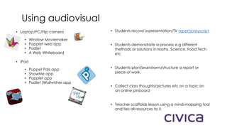 Using audiovisual
• Laptop/PC/Flip camera
• Window Moviemaker
• Popplet web app
• Padlet
• A Web Whiteboard
• iPad
• Puppet Pals app
• ShowMe app
• Popplet app
• Padlet (Wallwisher app)
• Students record a presentation/TV report/playscript
• Students demonstrate a process e.g different
methods or solutions in Maths, Science, Food Tech
etc
• Students plan/brainstorm/structure a report or
piece of work.
• Collect class thoughts/pictures etc on a topic on
an online pinboard
• Teacher scaffolds lesson using a mind-mapping tool
and ties all resources to it.
 
