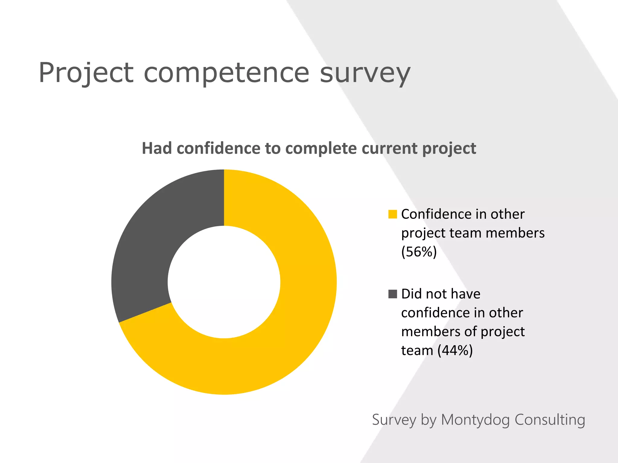 Project competence survey
Had confidence to complete current project
Confidence in other
project team members
(56%)
Did not have
confidence in other
members of project
team (44%)
Survey by Montydog Consulting
 