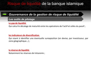 Risque de liquidité de la banque islamique
Gouvernance de la gestion de risque de liquidité
Les outils de pilotage
Le gap ...