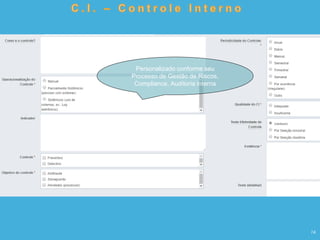 16
Personalizado conforme seu
Processo de Gestão de Riscos,
Compliance, Auditoria interna
 