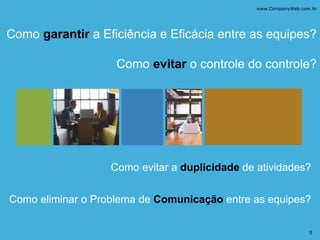 Como garantir a Eficiência e Eficácia entre as equipes?
Como evitar o controle do controle?
Como evitar a duplicidade de atividades?
Como eliminar o Problema de Comunicação entre as equipes?
www.CompanyWeb.com.br
5
 