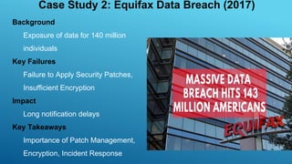 Background
Exposure of data for 140 million
individuals
Key Failures
Failure to Apply Security Patches,
Insufficient Encryption
Impact
Long notification delays
Key Takeaways
Importance of Patch Management,
Encryption, Incident Response
Case Study 2: Equifax Data Breach (2017)
 