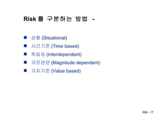 Risk 를 구분하는 방법  -  상황 (Situational) 시간기준 (Time based) 독립성 (Interdependent) 규모관련 (Magnitude dependent) 가치기준 (Value based) 