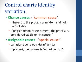 Control charts identify
variation
• Chance causes - “common cause”
 • inherent to the process or random and not
   controllable
 • if only common cause present, the process is
   considered stable or “in control”
• Assignable causes - “special cause”
 • variation due to outside influences
 • if present, the process is “out of control”
 