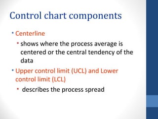 Control chart components
• Centerline
  • shows where the process average is
    centered or the central tendency of the
    data
• Upper control limit (UCL) and Lower
  control limit (LCL)
  • describes the process spread
 