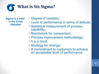 σ         What Is Six Sigma?

Sigma is a letter   • Degree of variation;
  in the Greek      • Level of performance in terms of defects;
    Alphabet
                    • Statistical measurement of process
                      capability;
                    • Benchmark for comparison;
                    • Process improvement methodology;
                    • It is a Goal;
                    • Strategy for change;
                    • A commitment to customers to achieve
                      an acceptable level of performance


                                                                  48
 