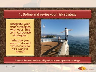 December 2008 Integrate your risks strategies with your long term corporate strategies. What do you want to do and which risks do you want to know? 1. Define and revise your risk strategy Result: Formalized and aligned risk management strategy 