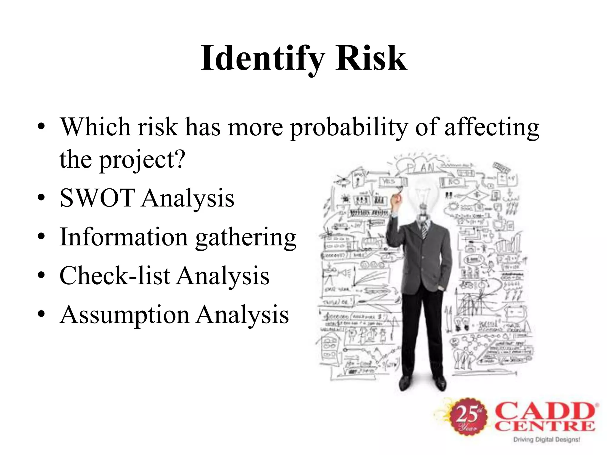 Identify Risk
• Which risk has more probability of affecting
  the project?
• SWOT Analysis
• Information gathering
• Check-list Analysis
• Assumption Analysis
 
