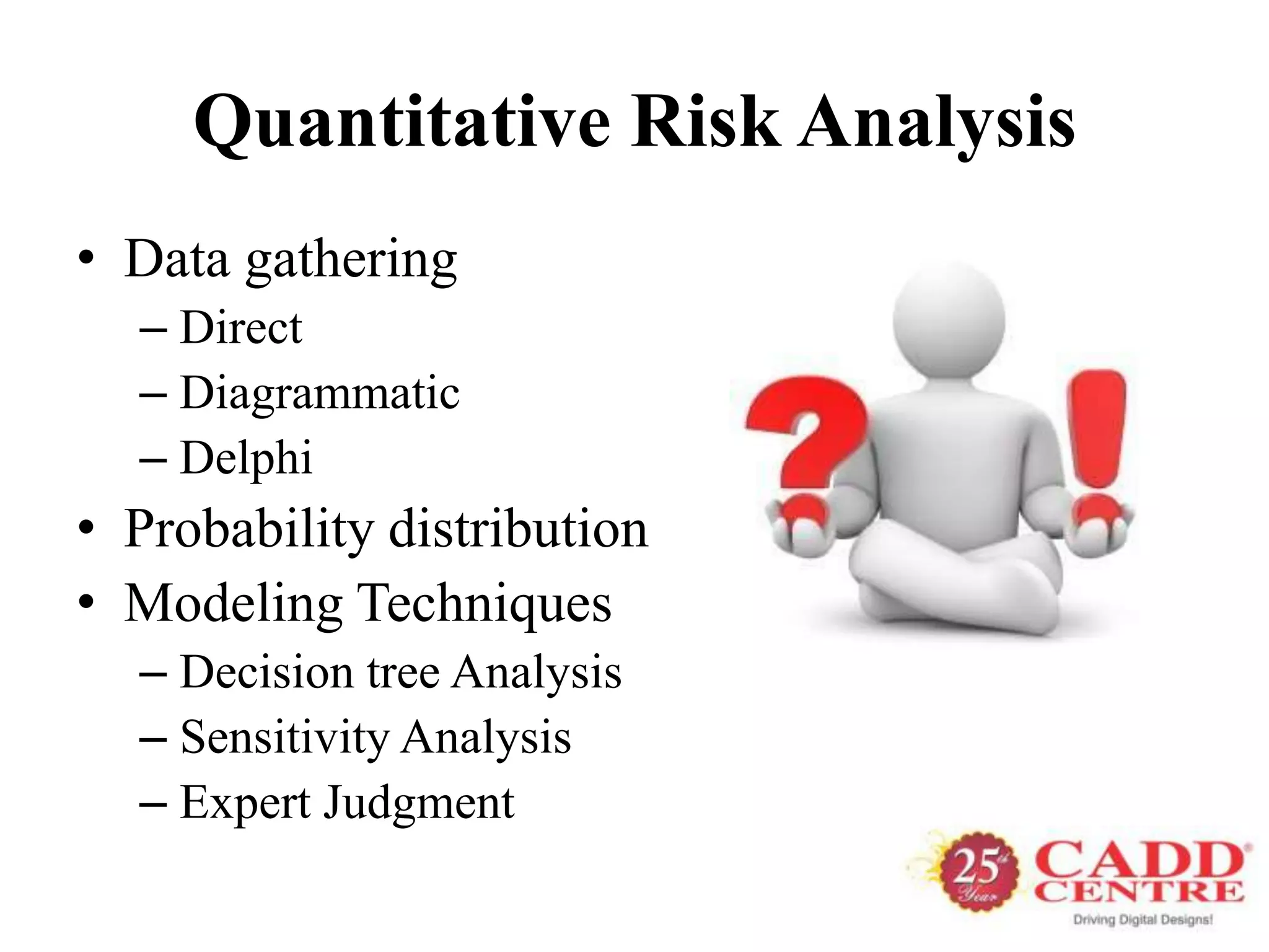 Quantitative Risk Analysis
• Data gathering
  – Direct
  – Diagrammatic
  – Delphi
• Probability distribution
• Modeling Techniques
  – Decision tree Analysis
  – Sensitivity Analysis
  – Expert Judgment
 
