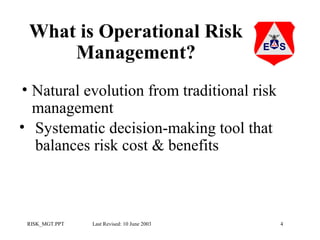 What is Operational Risk
Management?
• Natural evolution from traditional risk
management
• Systematic decision-making tool that
balances risk cost & benefits

RISK_MGT.PPT

Last Revised: 10 June 2003

4

 