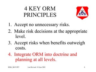 4 KEY ORM
PRINCIPLES
1. Accept no unnecessary risks.
2. Make risk decisions at the appropriate
level.
3. Accept risks when benefits outweigh
costs.
4. Integrate ORM into doctrine and
planning at all levels.
RISK_MGT.PPT

Last Revised: 10 June 2003

6

 