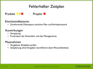 Fehlerhafter Zeitplan
Produkt ◼/◼︎	 	

︎

Projekt ◼︎

Eintrittsindikatoren	


• Zunehmende Diskrepanz zwischen Plan und Vorhabensstand

Auswirkungen

• Verspätung
• Frustration der Entwickler und des Managements

Massnahmen

• Vorgebene Zeitpläne prüfen
• Zeitplanung ohne Vorgaben durchführen (kein Wunschdenken)

27.	
  Januar	
  2014

32

Copyright	
  2014	
  Demandware,	
  Inc.	
  All	
  other	
  rights	
  reserved.	
  

 