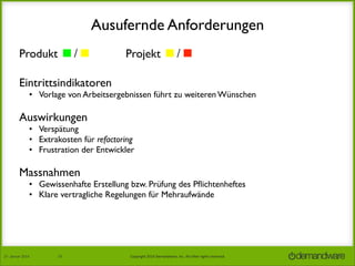 Ausufernde Anforderungen
Produkt ◼/◼︎	


Projekt ◼/◼︎

Eintrittsindikatoren	


• Vorlage von Arbeitsergebnissen führt zu weiteren Wünschen

Auswirkungen

• Verspätung
• Extrakosten für refactoring
• Frustration der Entwickler

Massnahmen

• Gewissenhafte Erstellung bzw. Prüfung des Pﬂichtenheftes
• Klare vertragliche Regelungen für Mehraufwände

27.	
  Januar	
  2014

33

Copyright	
  2014	
  Demandware,	
  Inc.	
  All	
  other	
  rights	
  reserved.	
  

 