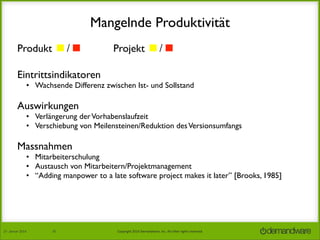 Mangelnde Produktivität
Produkt ◼︎/◼︎	


Projekt ◼/◼︎

Eintrittsindikatoren	


• Wachsende Differenz zwischen Ist- und Sollstand

Auswirkungen

• Verlängerung der Vorhabenslaufzeit
• Verschiebung von Meilensteinen/Reduktion des Versionsumfangs

Massnahmen

• Mitarbeiterschulung
• Austausch von Mitarbeitern/Projektmanagement
• “Adding manpower to a late software project makes it later” [Brooks, 1985]

27.	
  Januar	
  2014

35

Copyright	
  2014	
  Demandware,	
  Inc.	
  All	
  other	
  rights	
  reserved.	
  

 