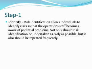Step-1
 Identify - Risk identification allows individuals to
identify risks so that the operations staff becomes
aware of potential problems. Not only should risk
identification be undertaken as early as possible, but it
also should be repeated frequently.
 