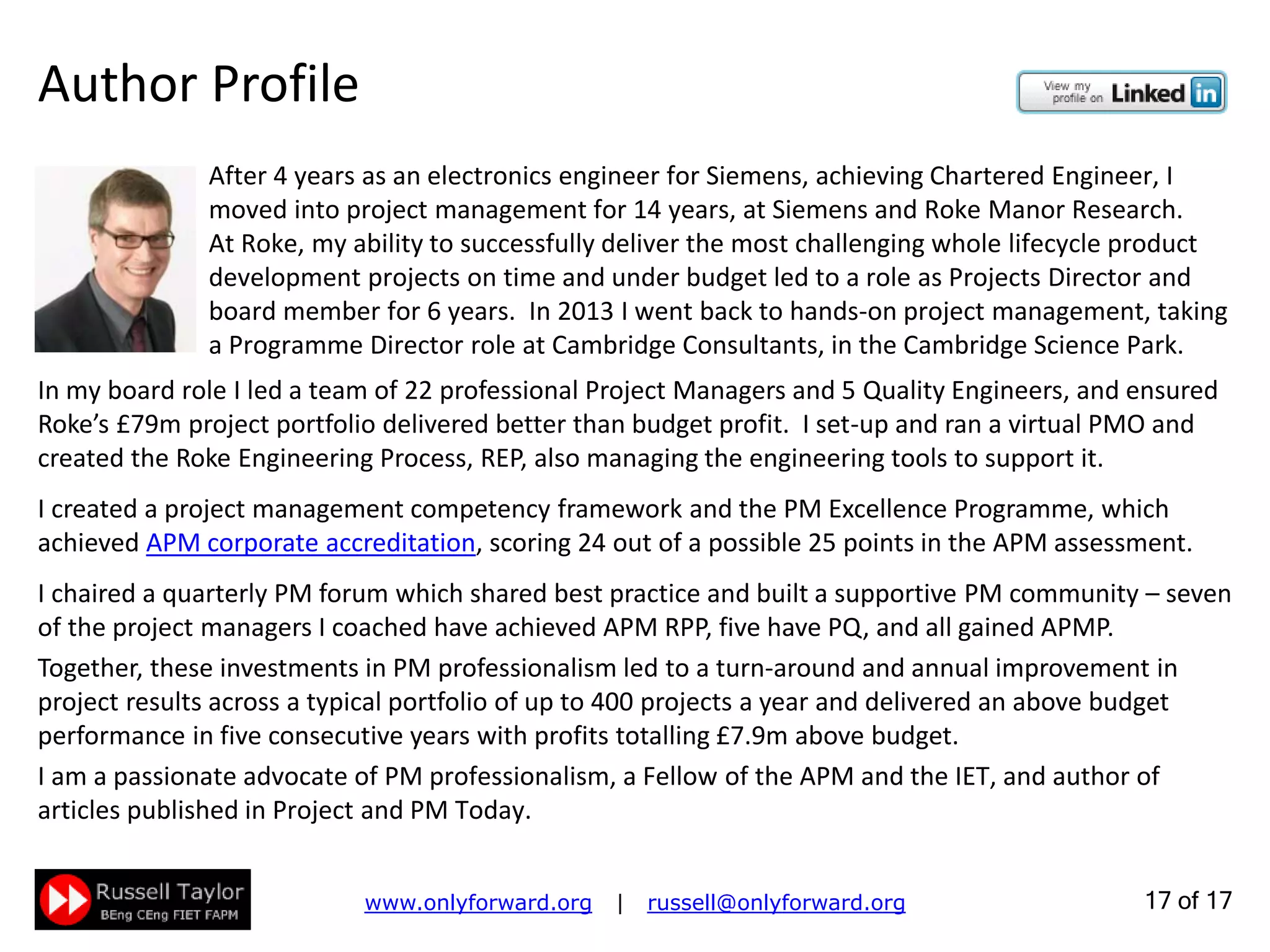 17 of 22
Risk Assessment provides scientific advice on potential threats, often the basis for making decisions to
address these threats via Risk Management.
Europe separates the roles of Risk Assessor and Risk Manager in law to make clear the distinction
between science and politics.
Risk Assessment is concerned with preventing harm to people
The Health and Safety Executive in the UK defines Risk as the chance, high or low, of somebody being
harmed by a hazard, and how serious the harm could be.
Risk Management is minimising the impact of threats and maximising the benefit of opportunities
Risk Assessment actions are aimed at reducing the potential harm to zero, or at least to acceptable
levels by taking reasonably practicable measures – balancing the level of risk against the measures
needed to control the real risk in terms of money, time or trouble.
Action need not be taken if it would be grossly disproportionate to the level of risk.
Risk Assessment is an excellent, essential and in most countries mandatory method for understanding
and reducing potential harm to people.
However, Risk Assessment is not a substitute for Risk Management, e.g. there is no concept of up-side
risk in Risk Assessment since there is no 'harm' in up-side risk.
Risk Management and Risk Assessment
 
