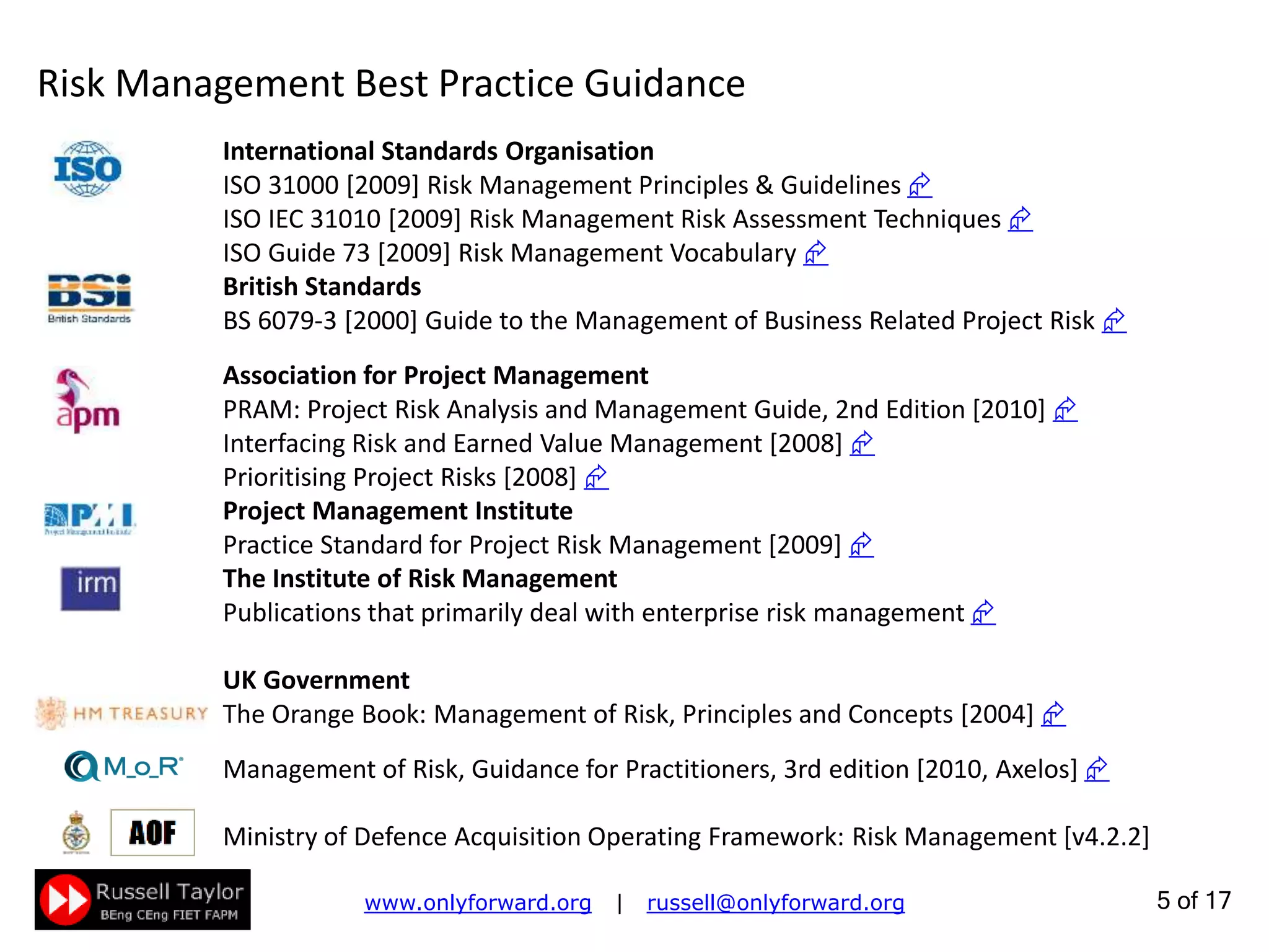 5 of 22
International Standards Organisation
ISO 31000 [2009] Risk Management Principles & Guidelines 
ISO IEC 31010 [2009] Risk Management Risk Assessment Techniques 
ISO Guide 73 [2009] Risk Management Vocabulary 
British Standards
BS 6079-3 [2000] Guide to the Management of Business Related Project Risk 
Association for Project Management
PRAM: Project Risk Analysis and Management Guide, 2nd Edition [2010] 
Interfacing Risk and Earned Value Management [2008] 
Prioritising Project Risks [2008] 
Project Management Institute
Practice Standard for Project Risk Management [2009] 
The Institute of Risk Management
Publications that primarily deal with enterprise risk management 
UK Government
The Orange Book: Management of Risk, Principles and Concepts [2004] 
Management of Risk, Guidance for Practitioners, 3rd edition [2010, Axelos] 
Ministry of Defence Acquisition System Guidance: Risk Management [v4.2.2]
Risk Management Best Practice Guidance
 