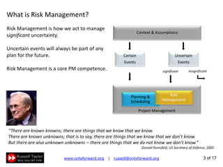 3 of 22
What is Risk Management?
How we act to manage significant uncertainty
Uncertain events will always be part of any
plan for the future
Risk Management is a core PM competence
“There are known knowns; there are things that we know that we know.
There are known unknowns; that is to say, there are things that we know that we don’t know.
But there are also unknown unknowns – there are things that we do not know we don’t know.”
Donald Rumsfeld, US Secretary of Defence, 2002
Project Management
Planning &
Scheduling
Risk
Management
Context & Assumptions
significant insignificant
Uncertain
Events
Certain
Events
 