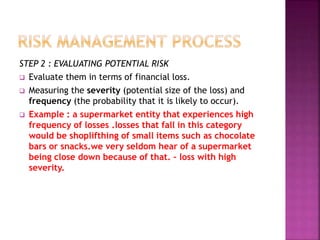 STEP 2 : EVALUATING POTENTIAL RISK
 Evaluate them in terms of financial loss.
 Measuring the severity (potential size of the loss) and
frequency (the probability that it is likely to occur).
 Example : a supermarket entity that experiences high
frequency of losses .losses that fall in this category
would be shoplifthing of small items such as chocolate
bars or snacks.we very seldom hear of a supermarket
being close down because of that. – loss with high
severity.
 