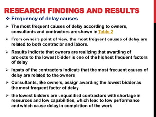 RESEARCH FINDINGS AND RESULTS
 Frequency of delay causes
 The most frequent causes of delay according to owners,
consultants and contractors are shown in Table 2
 From owner’s point of view, the most frequent causes of delay are
related to both contractor and labors.
 Results indicate that owners are realizing that awarding of
projects to the lowest bidder is one of the highest frequent factors
of delay
 Inputs of the contractors indicate that the most frequent causes of
delay are related to the owners
 Consultants, like owners, assign awarding the lowest bidder as
the most frequent factor of delay
 the lowest bidders are unqualified contractors with shortage in
resources and low capabilities, which lead to low performance
and which cause delay in completion of the work
 